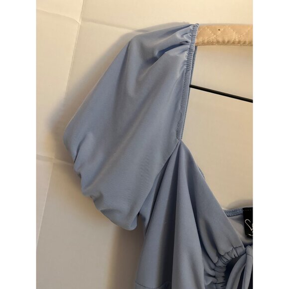 Windsor Blue Ruched Bodycon Sz S Mini Dress Puff Sleeve Square Neck Tie Front Pa - Picture 9 of 9